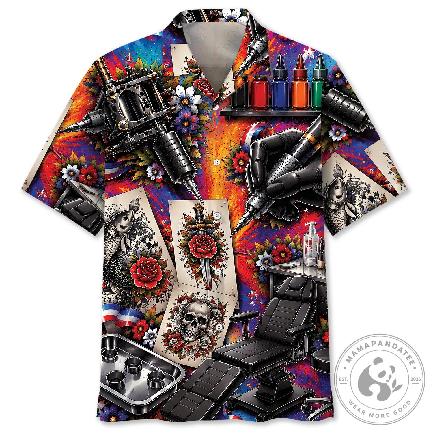 Vibrant Tattoo Artist Studio Equipment Floral Hawaiian Shirt
