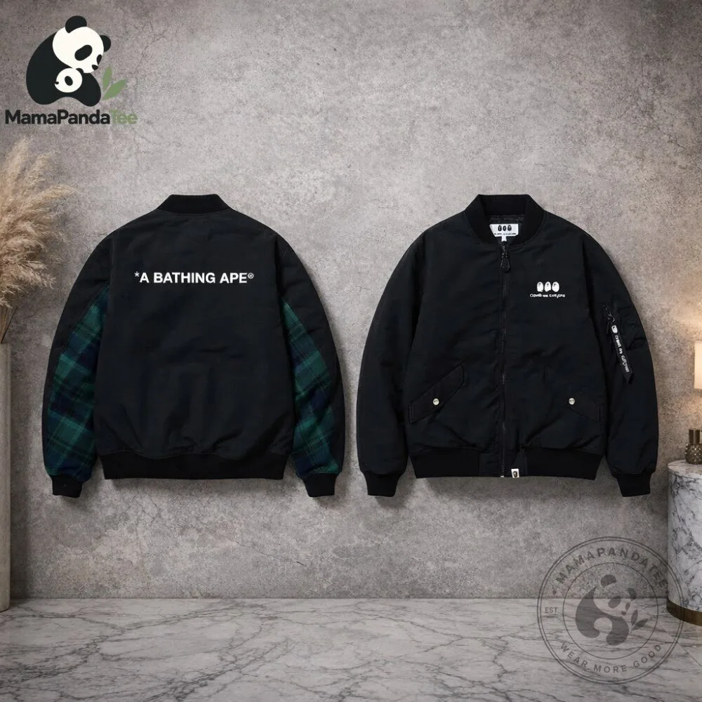 A Bathing Ape Black Bomber Jacket with Plaid Sleeves