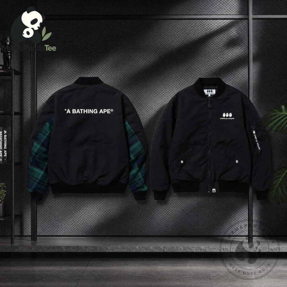 A Bathing Ape Black Bomber Jacket with Plaid Sleeves 5 A Bathing Ape Black Bomber Jacket with Plaid Sleeves