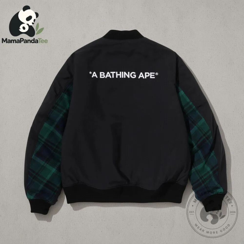 A Bathing Ape Black Bomber Jacket with Plaid Sleeves 7 A Bathing Ape Black Bomber Jacket with Plaid Sleeves