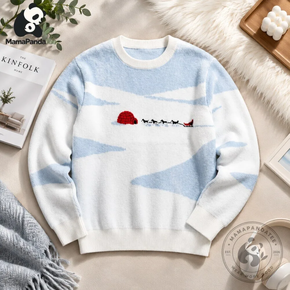 Warm Winter Sweater with Igloo and Sled Motifs