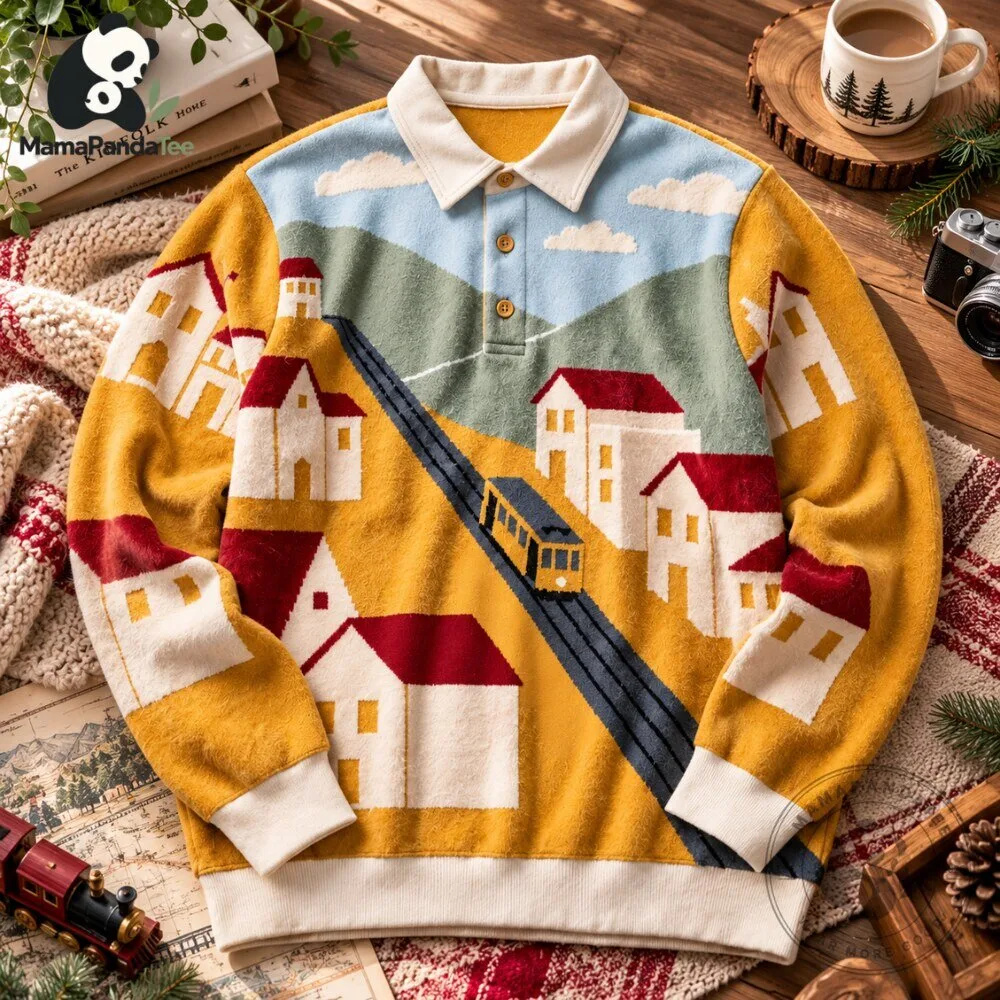 Countryside and train pattern polo sweater
