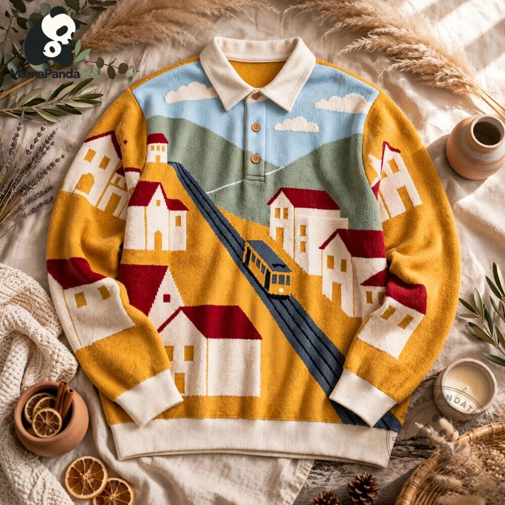 Countryside and train pattern polo sweater 5 Countryside and train pattern polo sweater