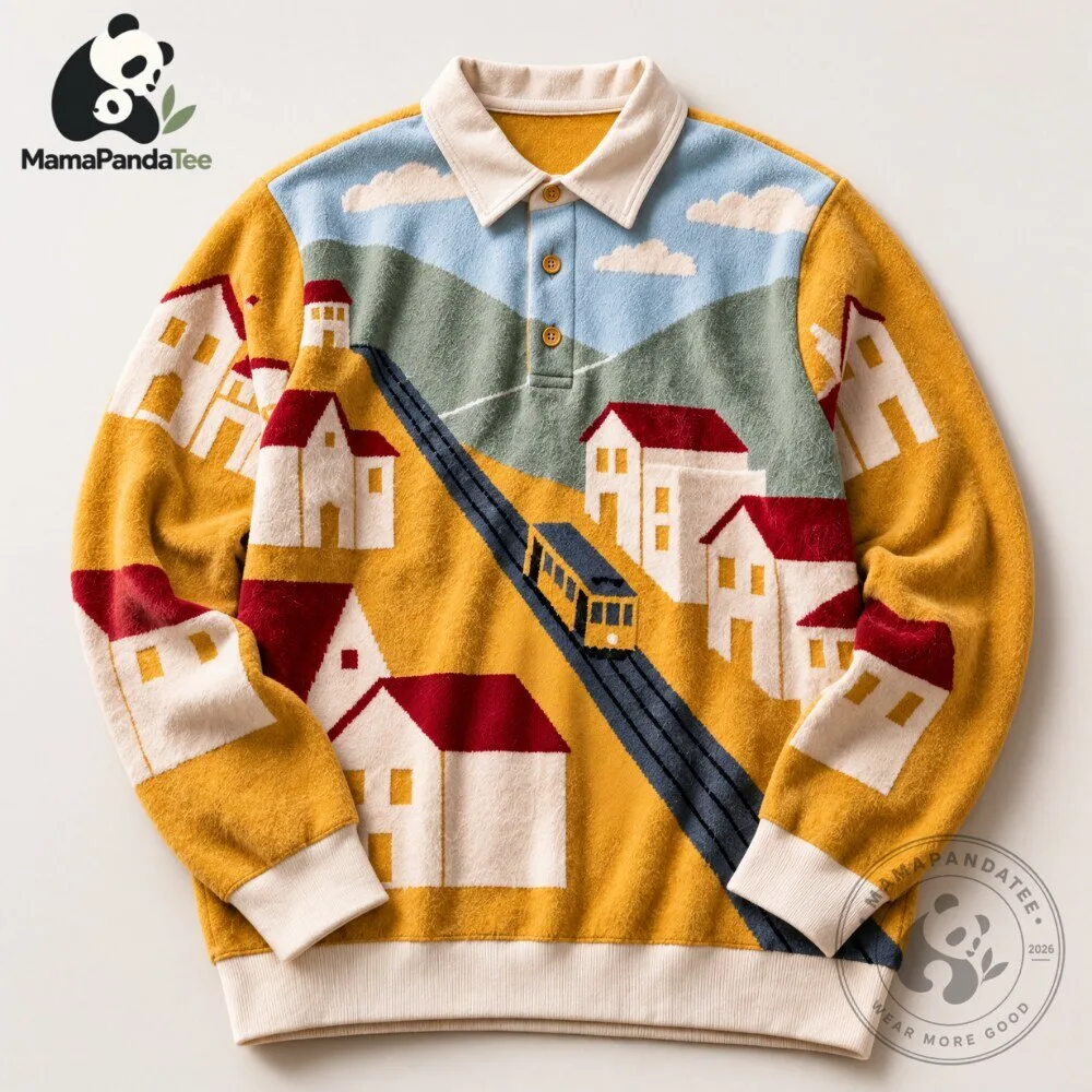 Countryside and train pattern polo sweater 6 Countryside and train pattern polo sweater