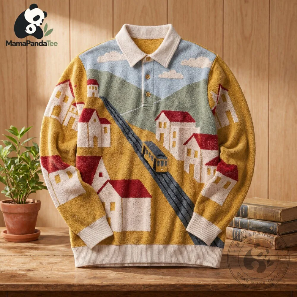 Countryside and train pattern polo sweater 7 Countryside and train pattern polo sweater