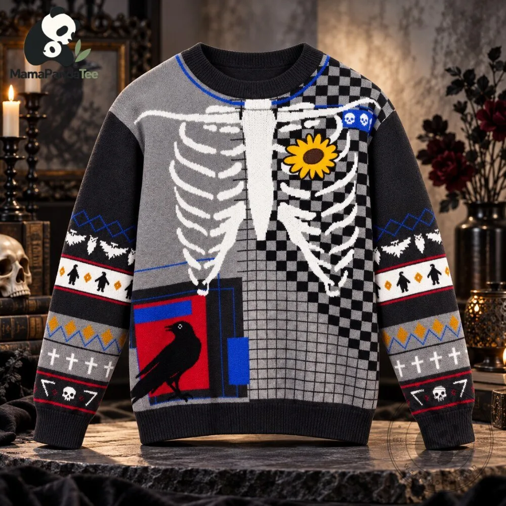 Gothic Grim Reaper Patterned Sweater with Raven and Sunflowers 5 Gothic Grim Reaper Patterned Sweater with Raven and Sunflowers