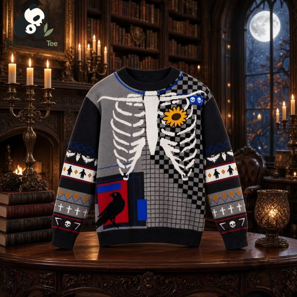 Gothic Grim Reaper Patterned Sweater with Raven and Sunflowers 6 Gothic Grim Reaper Patterned Sweater with Raven and Sunflowers