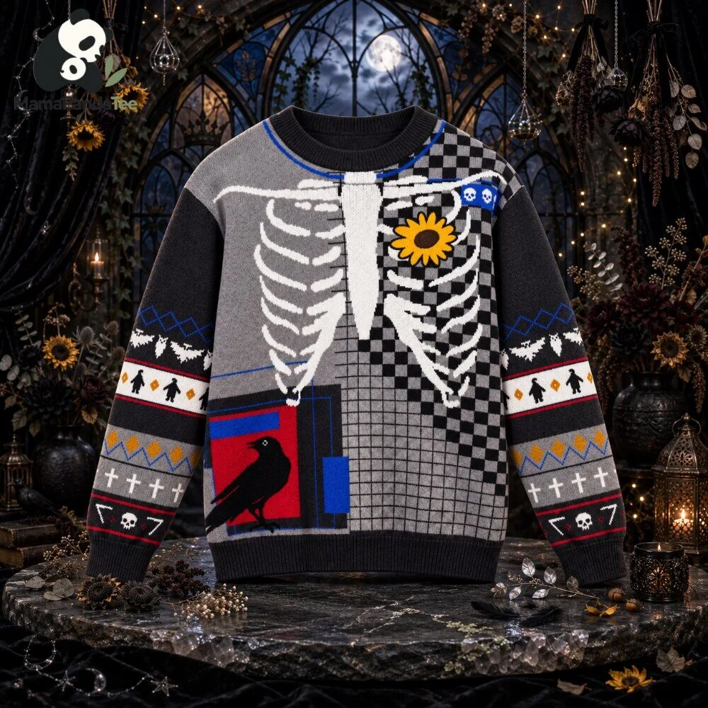 Gothic Grim Reaper Patterned Sweater with Raven and Sunflowers 7 Gothic Grim Reaper Patterned Sweater with Raven and Sunflowers