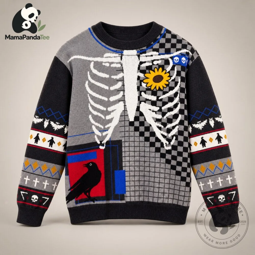 Gothic Grim Reaper Patterned Sweater with Raven and Sunflowers 8 Gothic Grim Reaper Patterned Sweater with Raven and Sunflowers