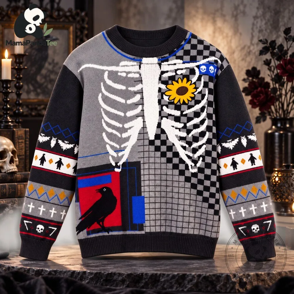 Gothic Grim Reaper Patterned Sweater with Raven and Sunflowers 9 Gothic Grim Reaper Patterned Sweater with Raven and Sunflowers
