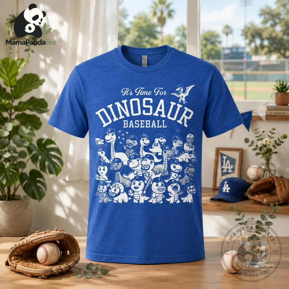 It's Time For Dinosaur Baseball T Shirt RotoWear Blue Graphic Tee