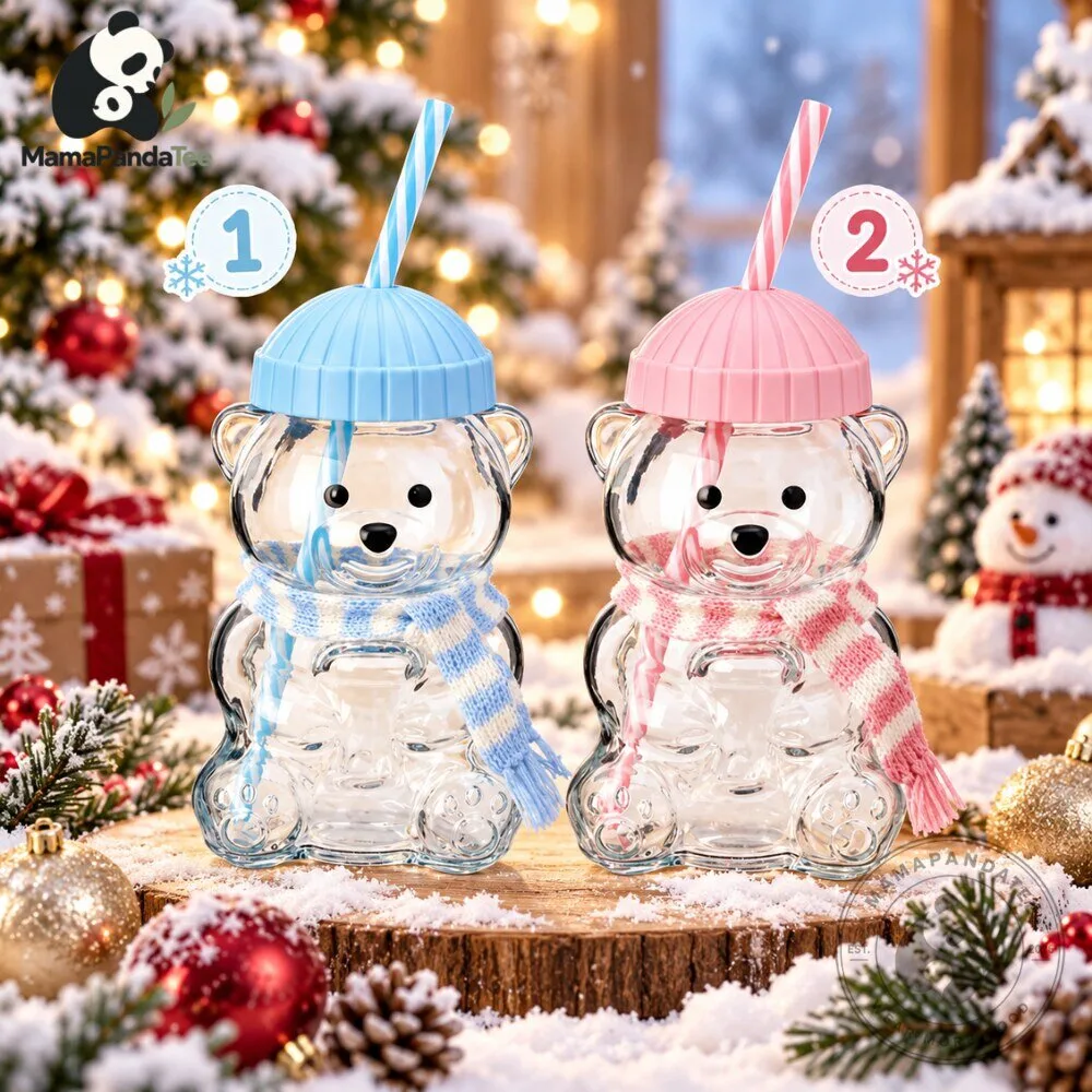 Cute Teddy Bear Tumbler with Beanie Hat Scarf for Christmas