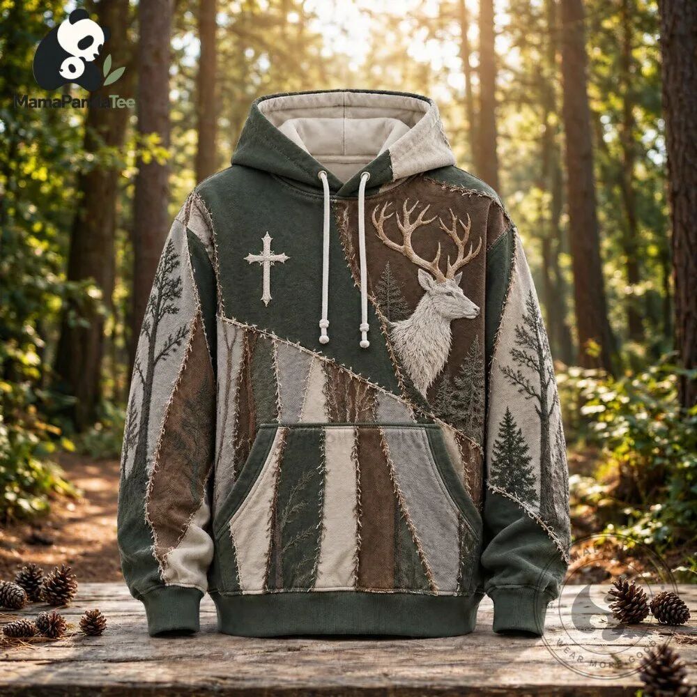 Men's Patchwork Deer Hunting Hoodie Retro Camo Outdoor Sweatshirt