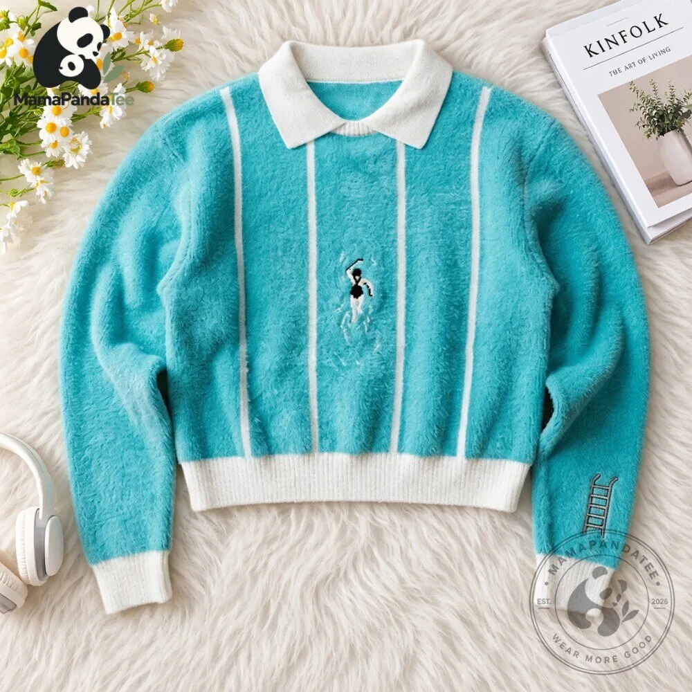 Fluffy Turquoise Polo Sweater Striped Long Sleeve Cropped Jumper