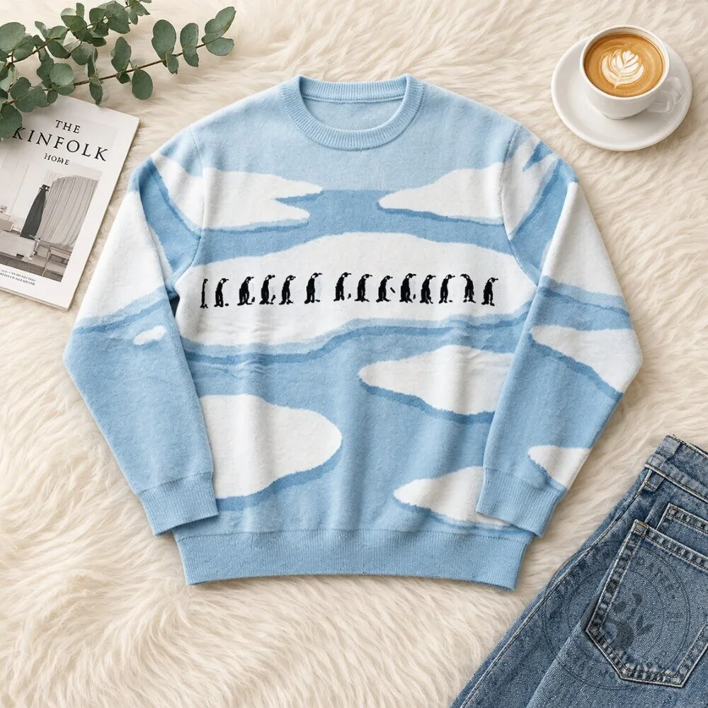 Cute Penguin Parade Sweashirt Blue Sky & Clouds Aesthetic Pullover 6 Cute Penguin Parade Sweashirt Blue Sky & Clouds Aesthetic Pullover